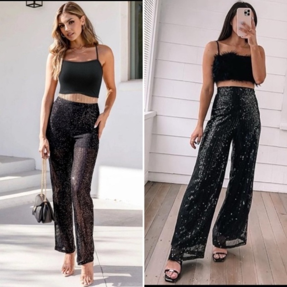 NWT EDIT BY NINE BLACK SEQUIN PANTS SIZE LARGE